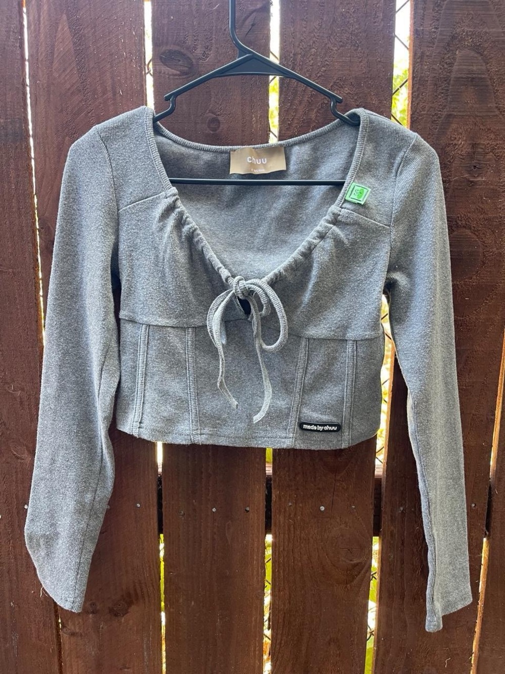 Chuu Gray Ribbed Long Sleeve Crop Top Tie Front, Corset Bodice Sz S